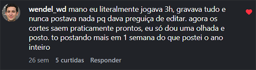 Comentário real de @wendel_wd sobre economizar tempo com os cortes do VDClip